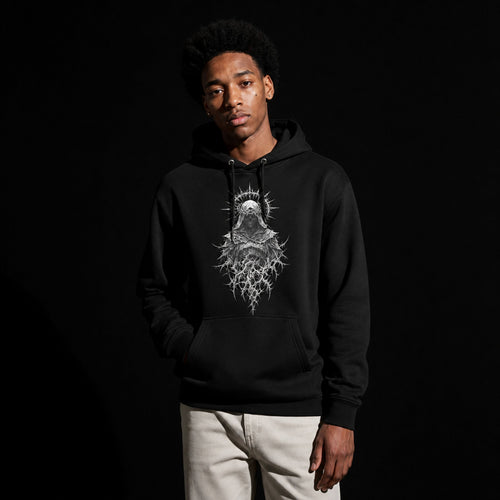 Black organic cotton hoodie with a hooded skull figure wearing a thorned crown printed on the chest