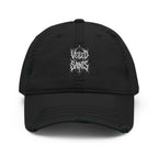 Black distressed gothic dad hat with Veiled Saints wordmark on front