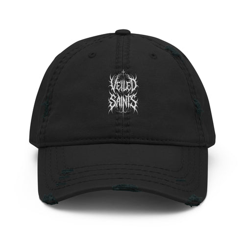 Black distressed gothic dad hat with Veiled Saints wordmark on front