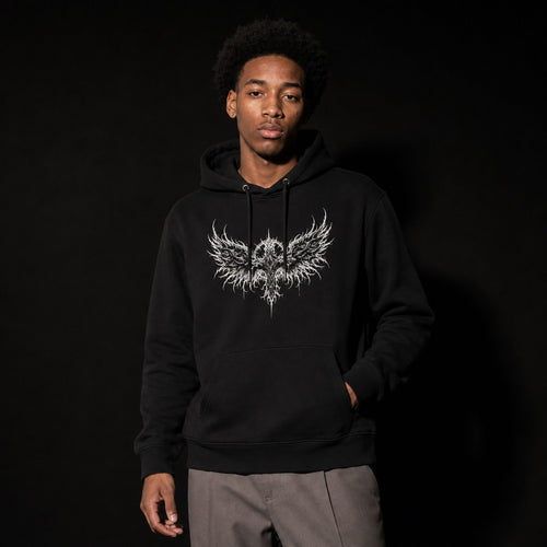 Black organic cotton hoodie with a thorned wings emblem printed on the chest