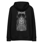 Back of a black organic cotton hoodie with an illustrated armored knight in a gothic archway
