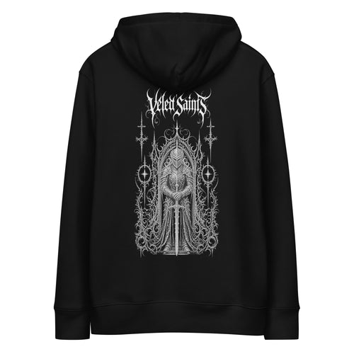 Back of a black organic cotton hoodie with an illustrated armored knight in a gothic archway