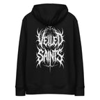 Back of a black organic cotton hoodie with the Veiled Saints wordmark in thorned gothic script