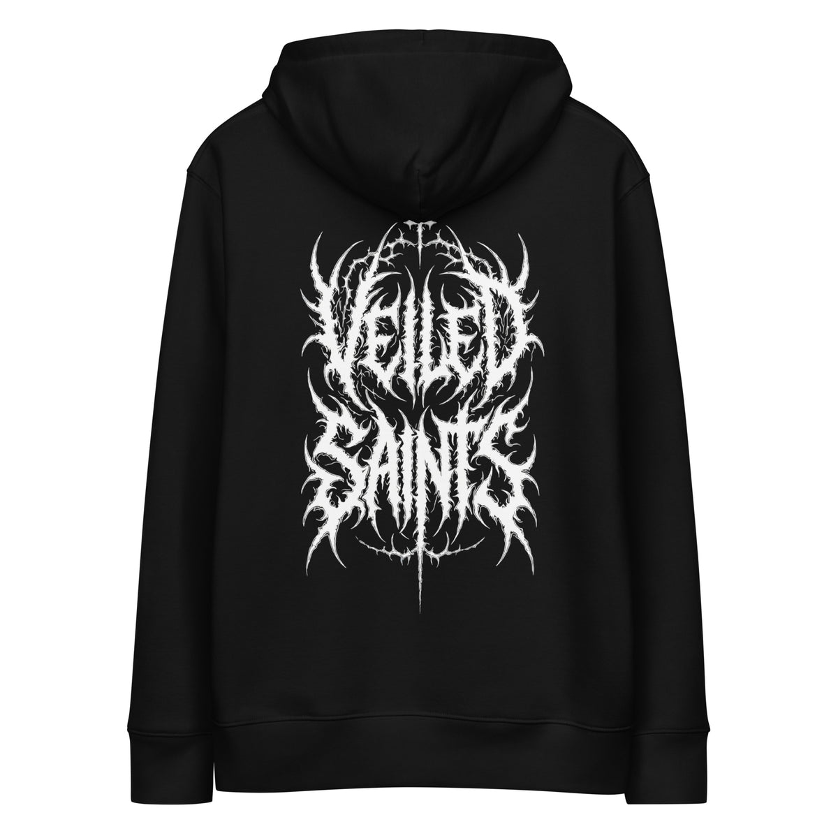 Back of a black organic cotton hoodie with the Veiled Saints wordmark in thorned gothic script