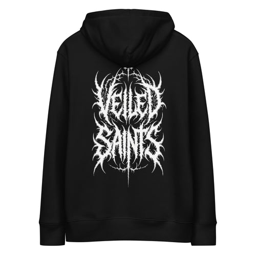 Back of a black organic cotton hoodie with the Veiled Saints wordmark in thorned gothic script