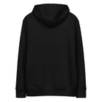 Back view of a black organic cotton hoodie, plain with no print