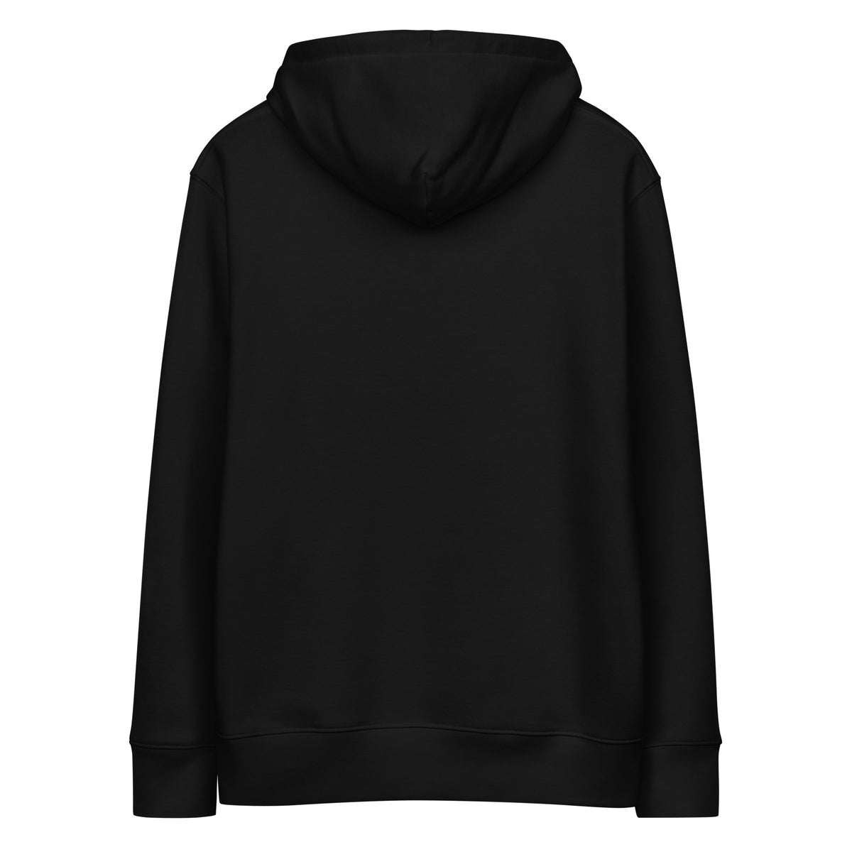Back view of a black organic cotton hoodie, plain with no print