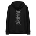Back of a black organic cotton hoodie with a subtle tone-on-tone wordmark