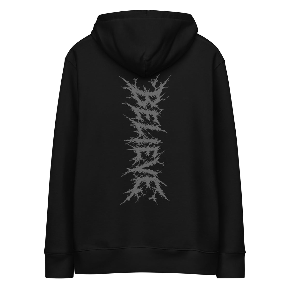Back of a black organic cotton hoodie with a subtle tone-on-tone wordmark
