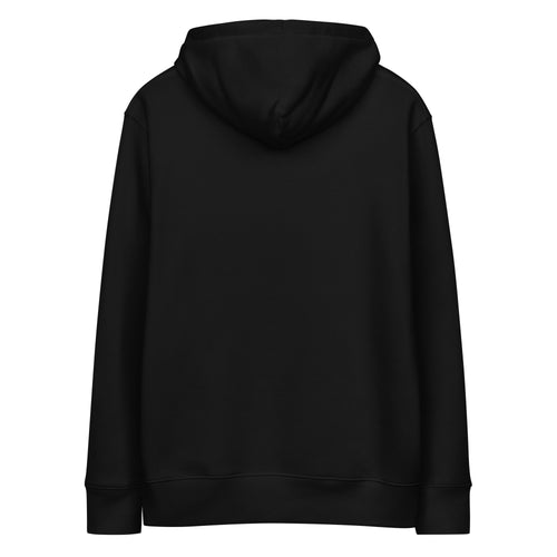 Black organic cotton hoodie with a thorned wings emblem printed on the chest