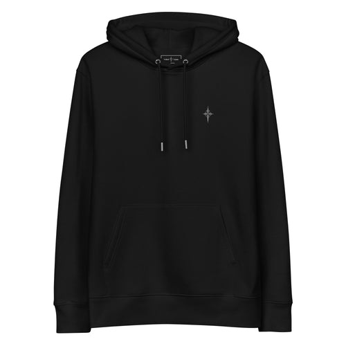 Black organic cotton hoodie with a small gothic sigil printed on the chest