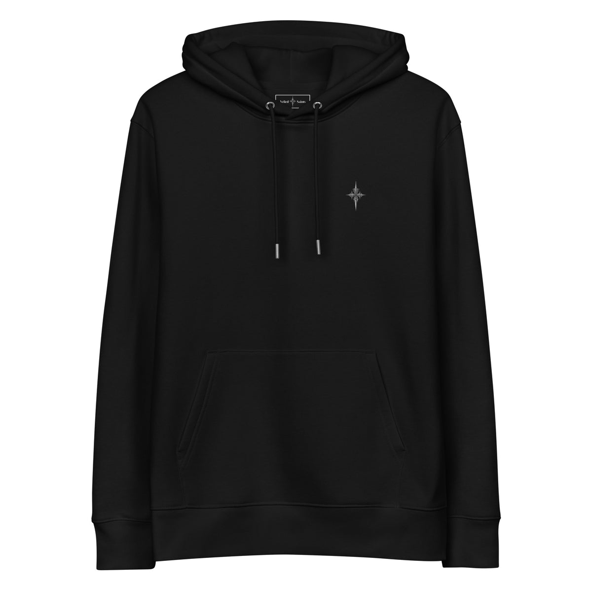 Black organic cotton hoodie with a small gothic sigil printed on the chest