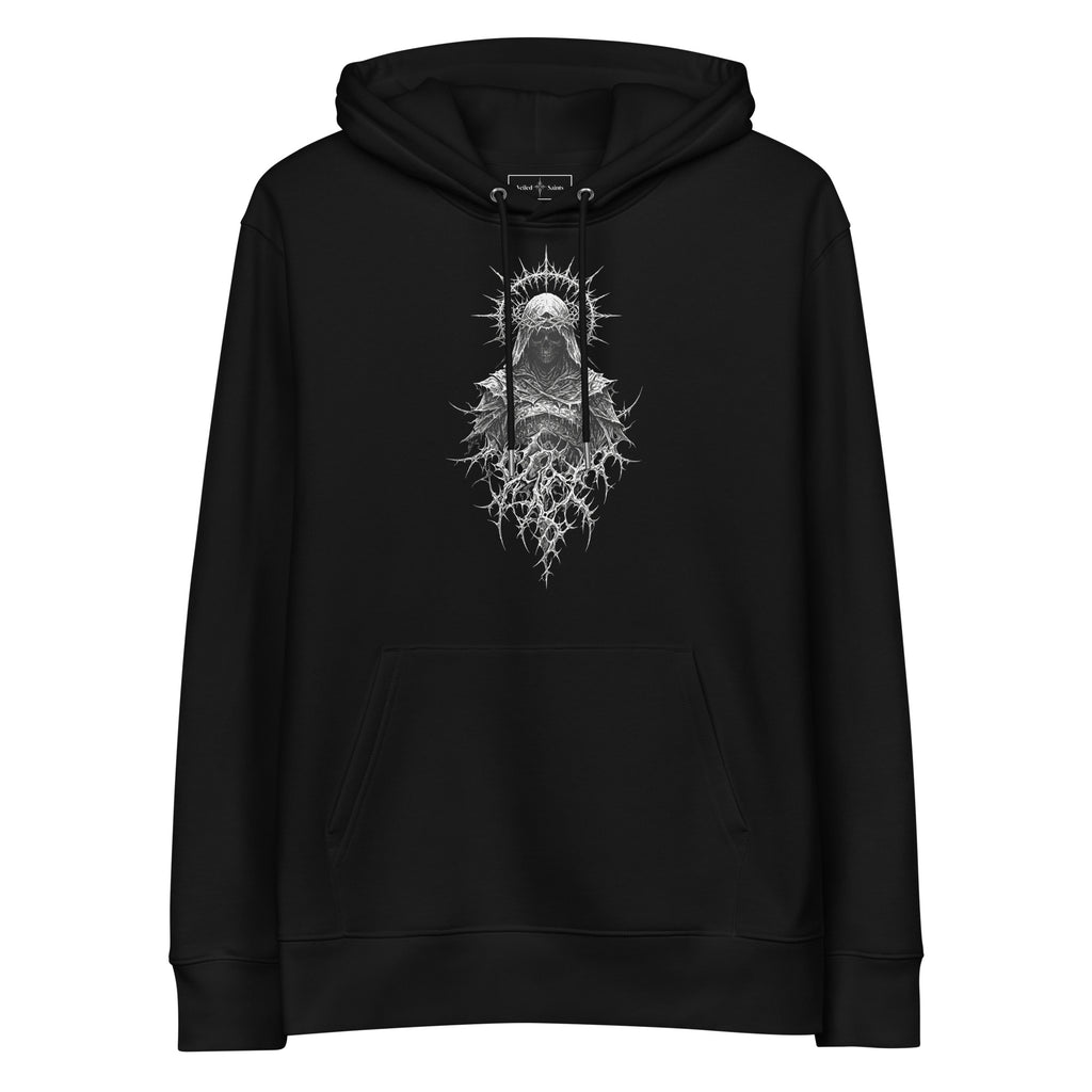 Black organic cotton hoodie with a hooded skull figure wearing a thorned crown printed on the chest