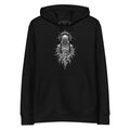 Black organic cotton hoodie with a hooded skull figure wearing a thorned crown printed on the chest