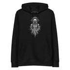 Black organic cotton hoodie with a hooded skull figure wearing a thorned crown printed on the chest