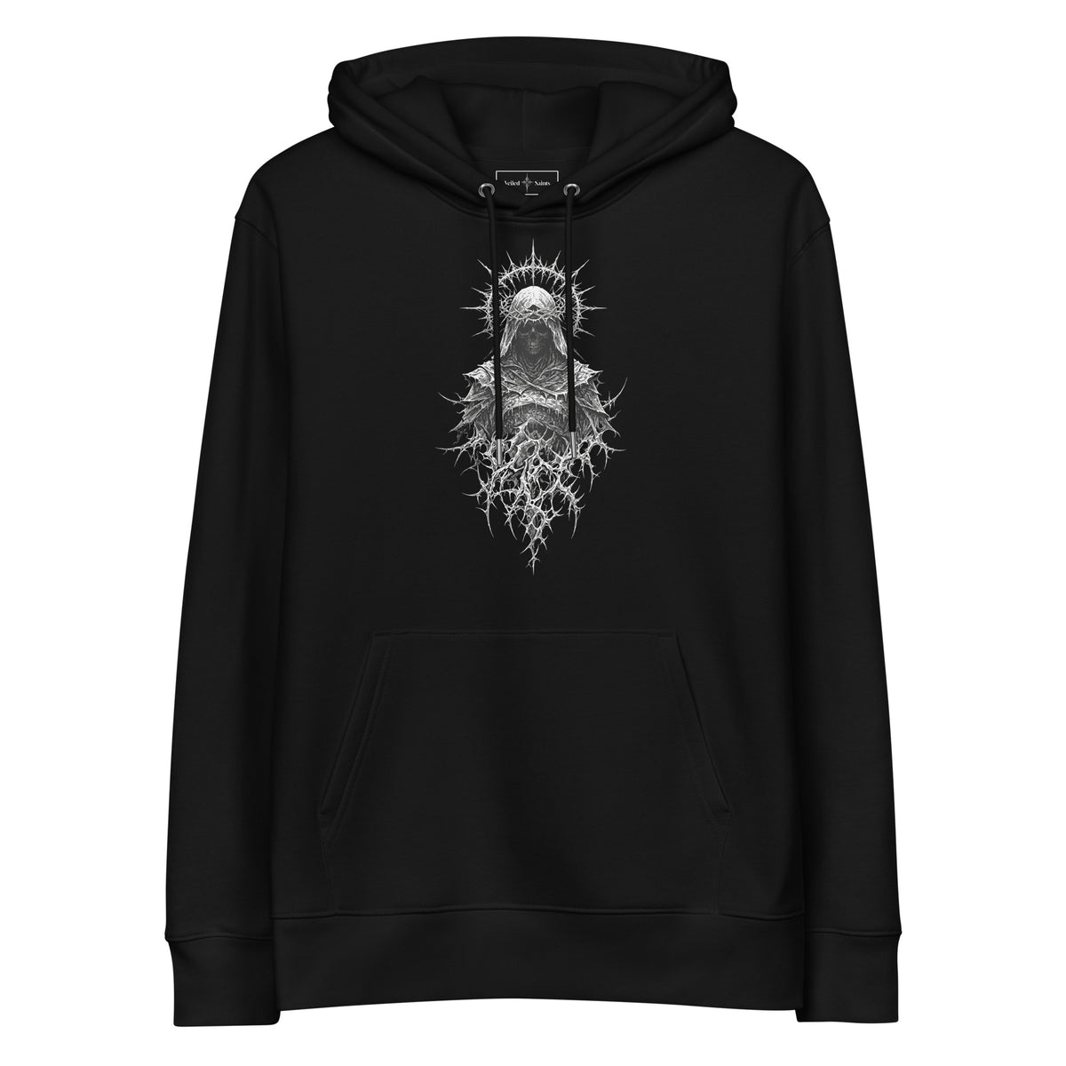 Black organic cotton hoodie with a hooded skull figure wearing a thorned crown printed on the chest