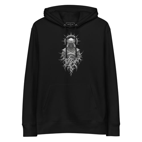 Black organic cotton hoodie with a hooded skull figure wearing a thorned crown printed on the chest