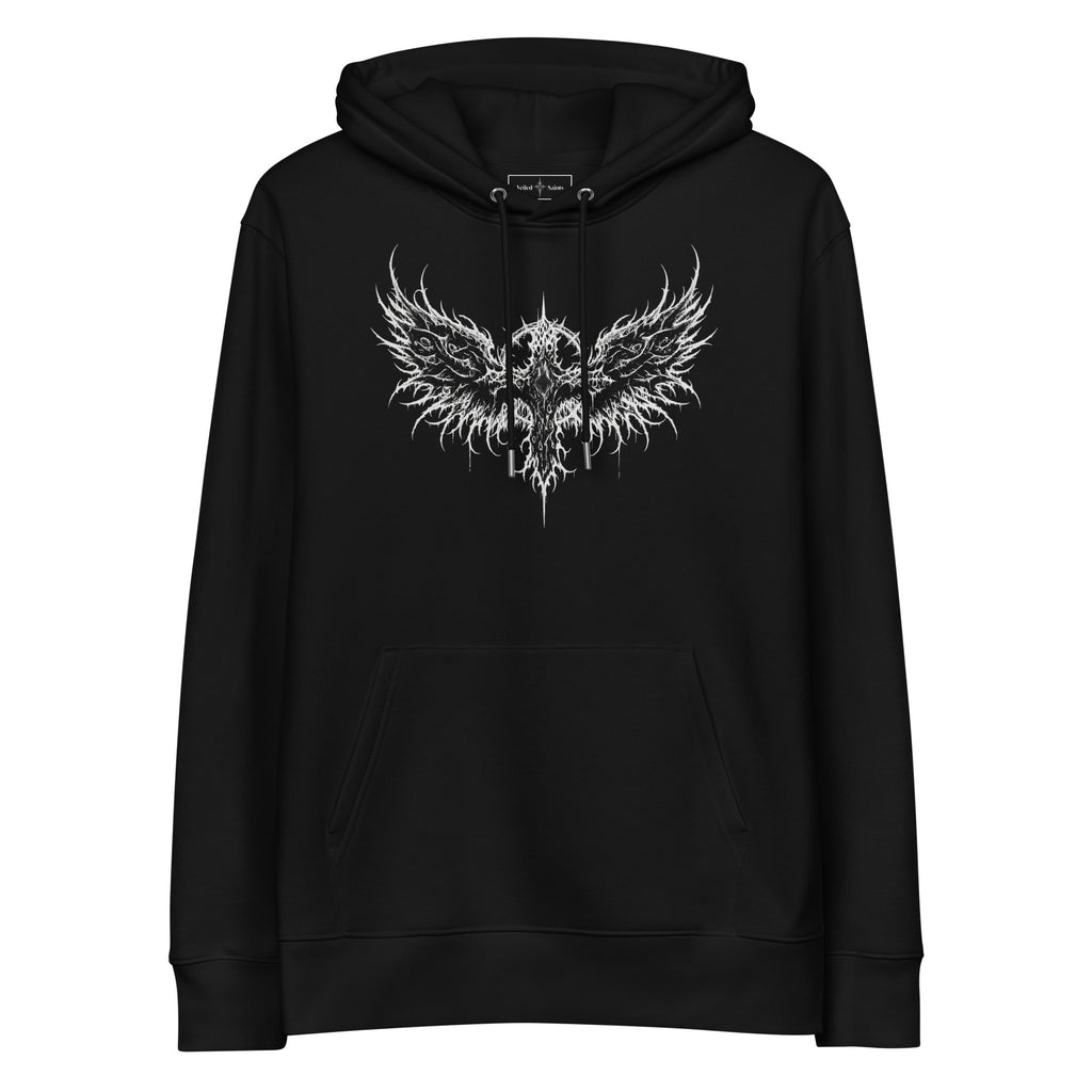 Black organic cotton hoodie with a thorned wings emblem printed on the chest