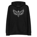 Black organic cotton hoodie with a thorned wings emblem printed on the chest