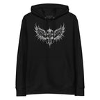 Black organic cotton hoodie with a thorned wings emblem printed on the chest