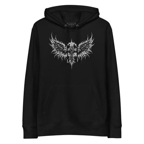 Black organic cotton hoodie with a thorned wings emblem printed on the chest