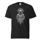 Garment-dyed black t-shirt with hooded skull-faced saint figure front print