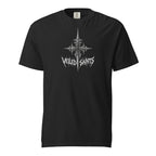 Garment-dyed black t-shirt with sigil and Veiled Saints wordmark combined front print