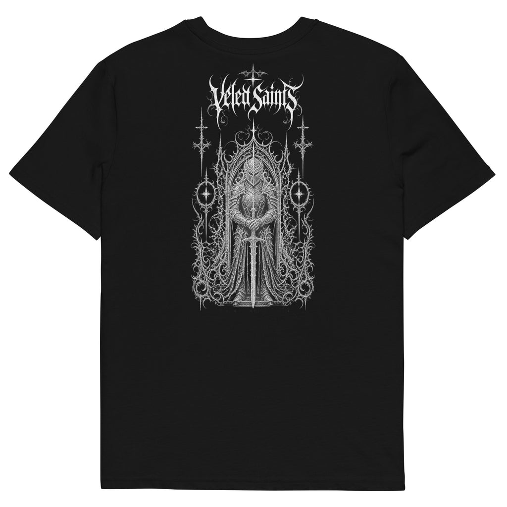Back of a black organic cotton t-shirt with an illustrated armored knight in a gothic archway