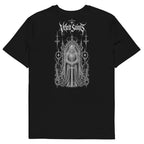 Back of a black organic cotton t-shirt with an illustrated armored knight in a gothic archway