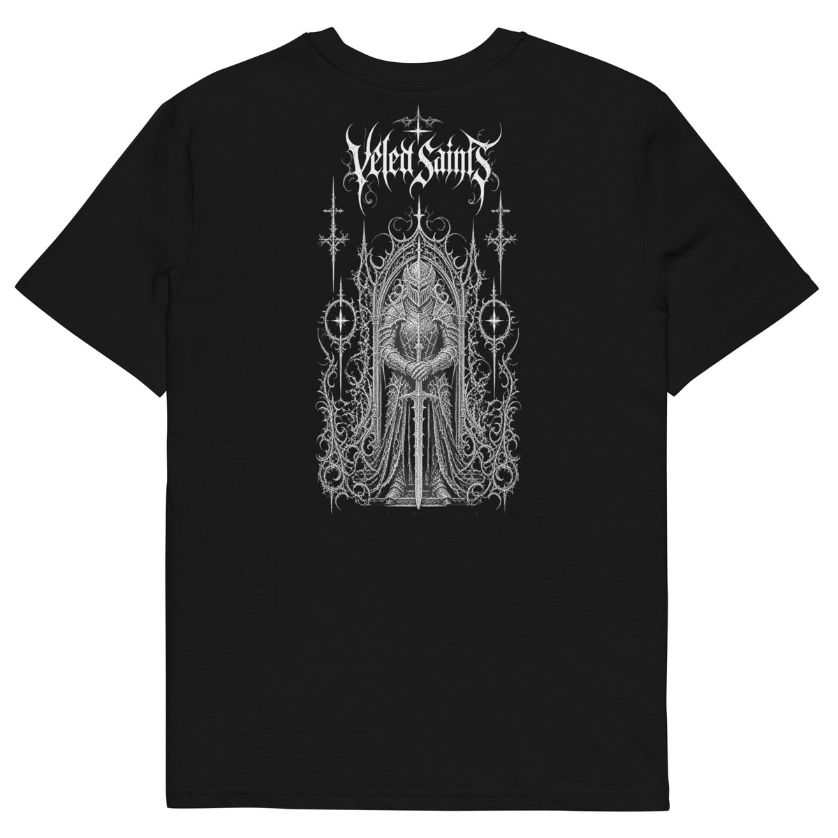 Back of a black organic cotton t-shirt with an illustrated armored knight in a gothic archway
