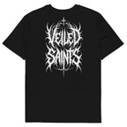 Back of a black organic cotton t-shirt with the Veiled Saints wordmark in thorned gothic script