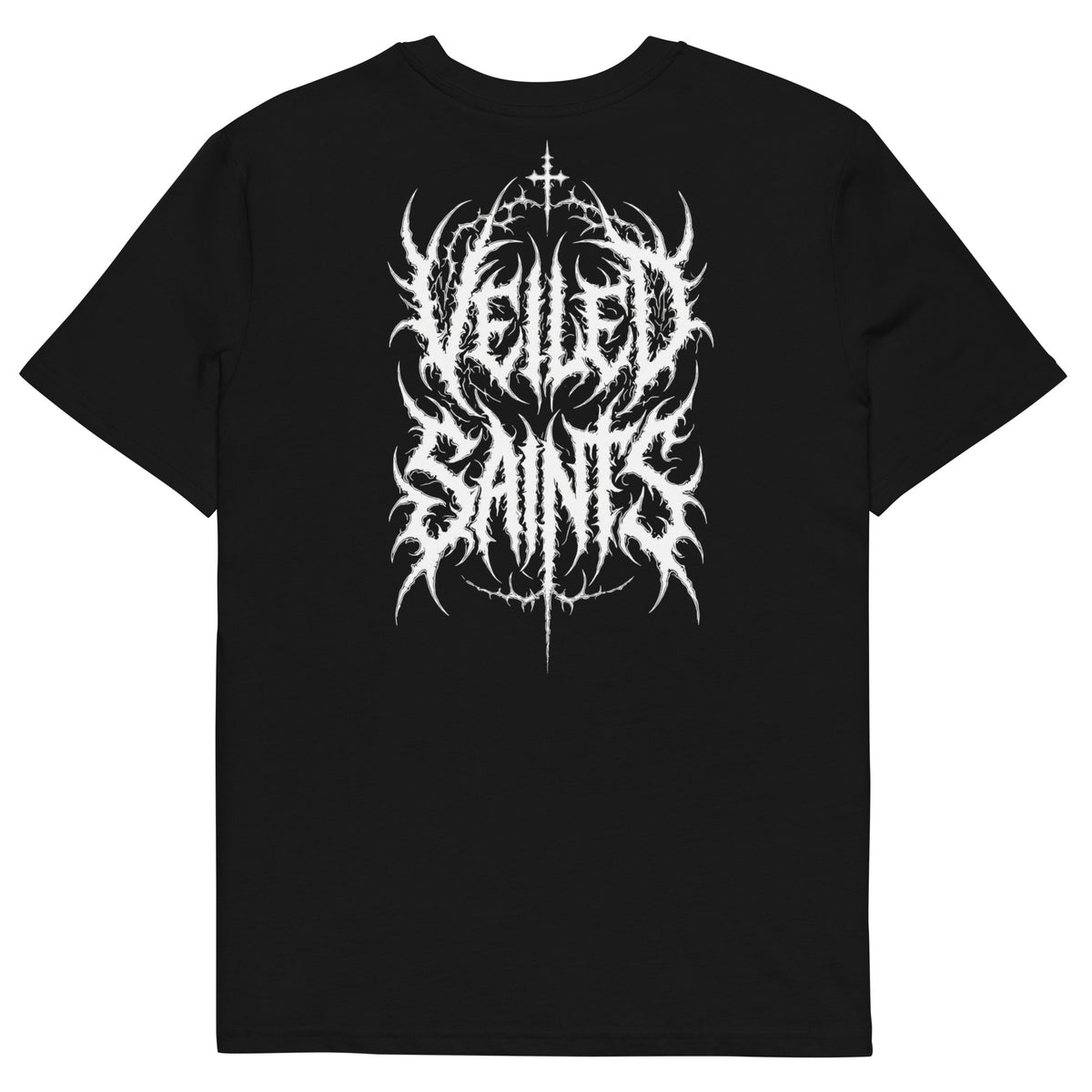 Back of a black organic cotton t-shirt with the Veiled Saints wordmark in thorned gothic script