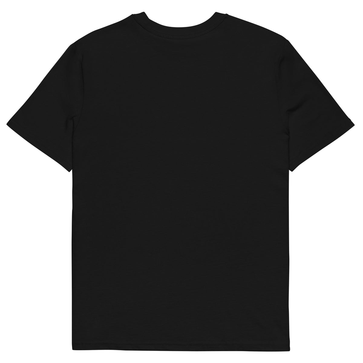 Back view of a black organic cotton t-shirt, plain with no print