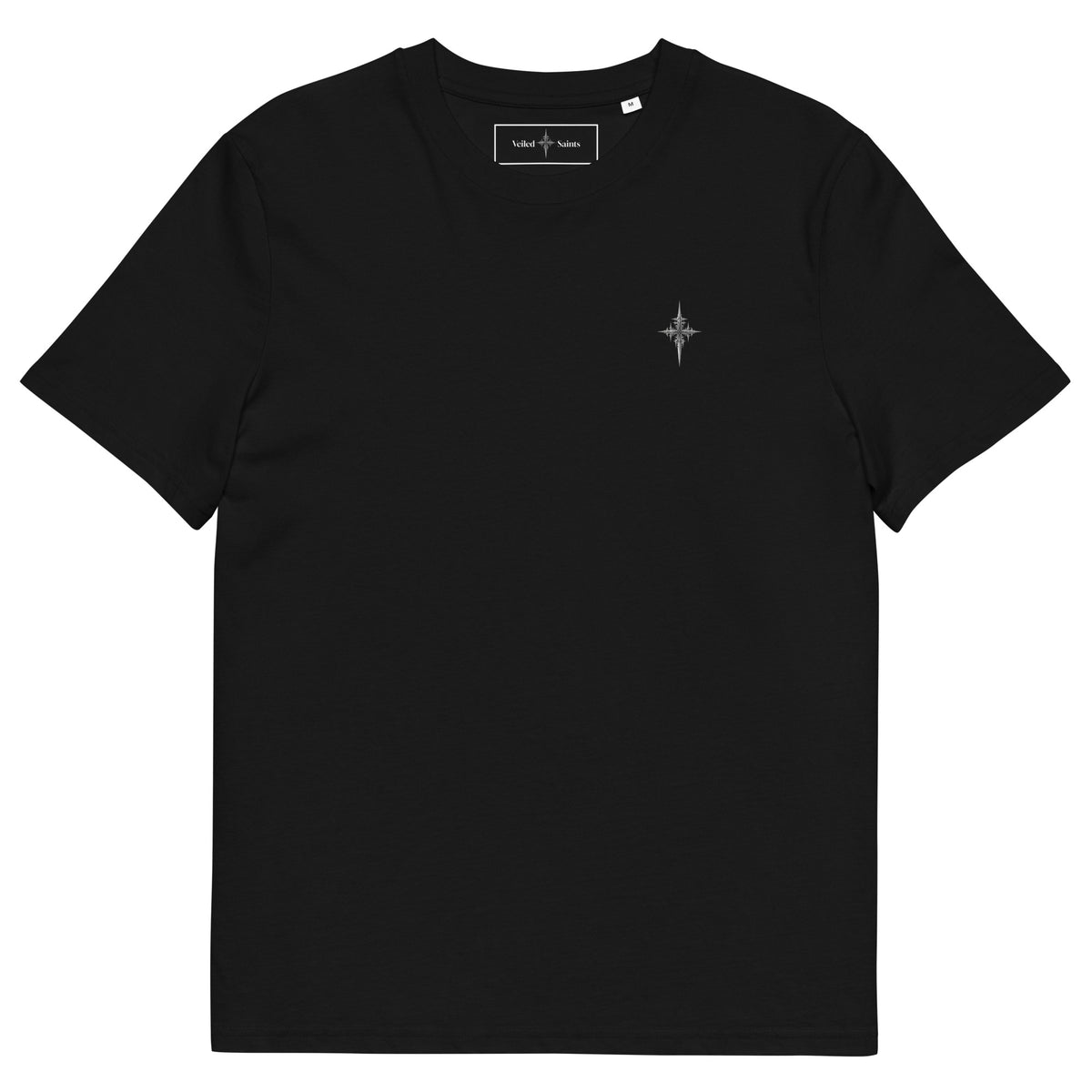Black organic cotton t-shirt with a small gothic sigil printed on the chest