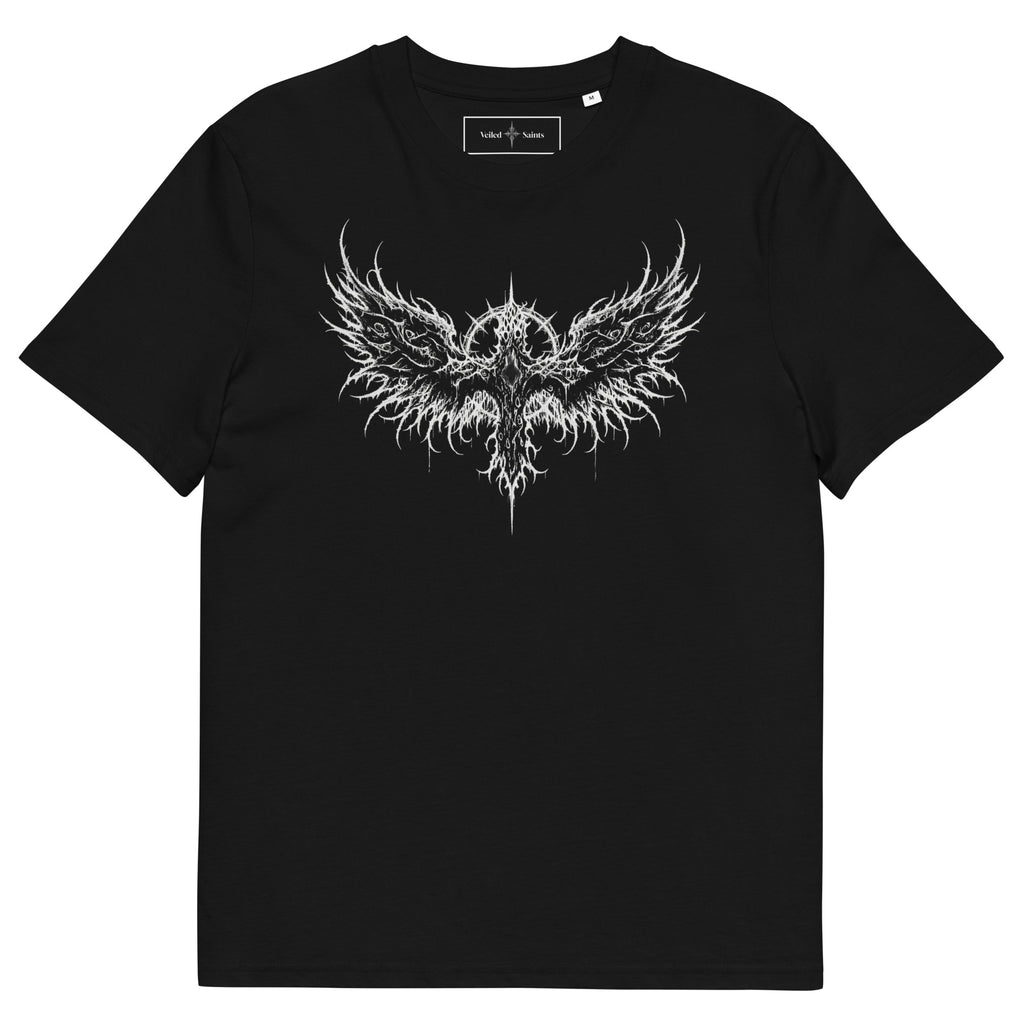 Black organic cotton t-shirt with a thorned wings emblem printed on the chest
