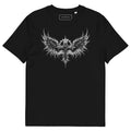 Black organic cotton t-shirt with a thorned wings emblem printed on the chest