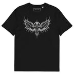Black organic cotton t-shirt with a thorned wings emblem printed on the chest