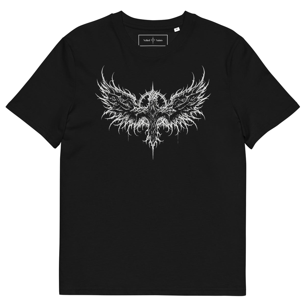 Black organic cotton t-shirt with a thorned wings emblem printed on the chest
