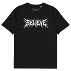 Black organic cotton t-shirt with a jagged 'Believe' wordmark printed on the chest