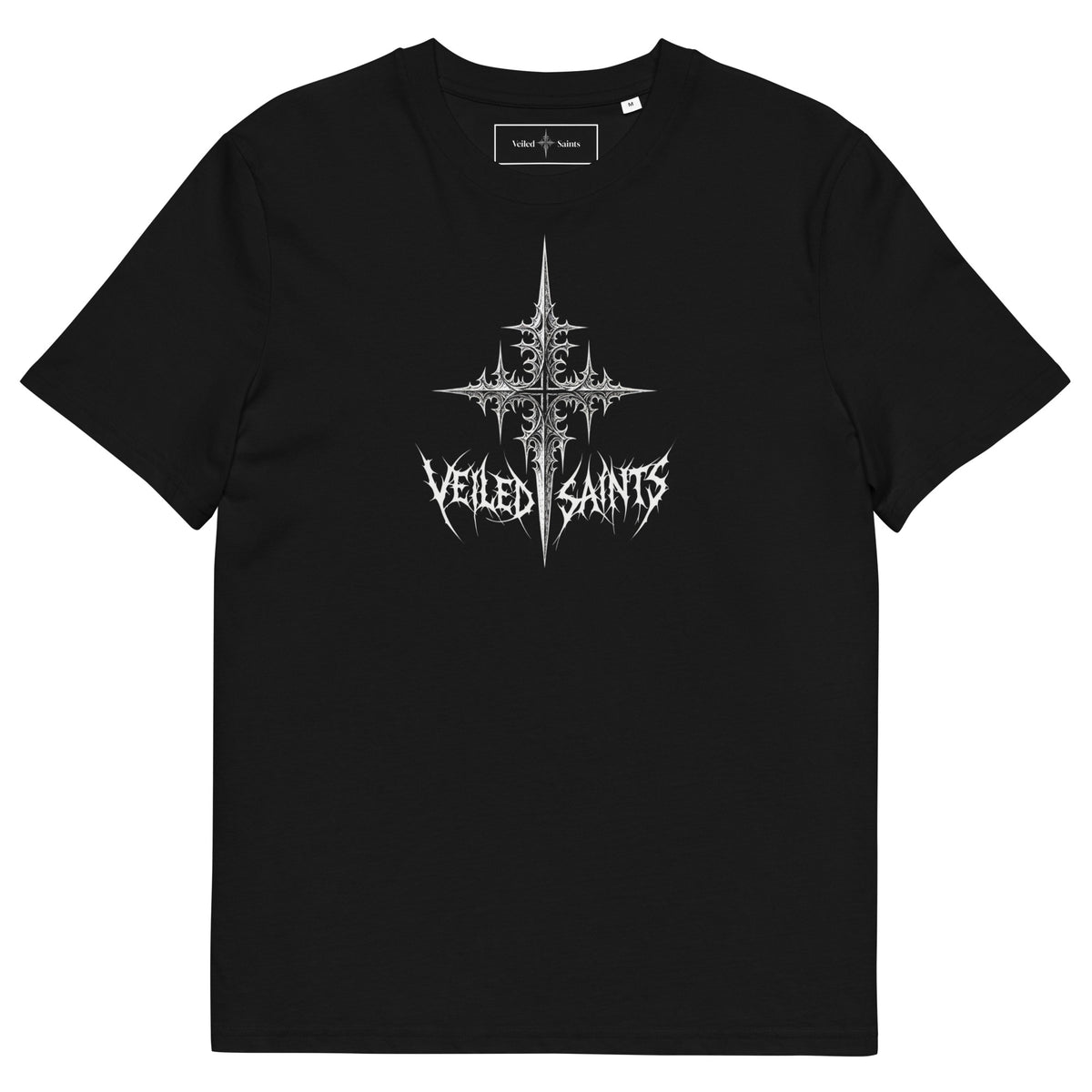 Black organic cotton t-shirt with a large gothic sigil and the Veiled Saints wordmark printed on the chest
