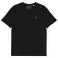 Black organic cotton t-shirt with a small gothic sigil printed on the chest