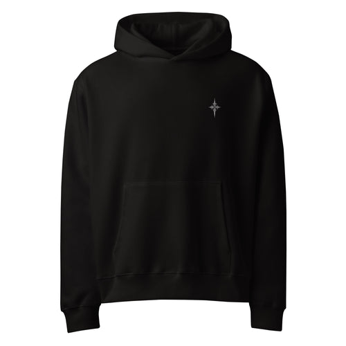 Black gothic hoodie with hooded skull-faced saint figure back print