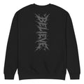 Back of a black crewneck sweatshirt with a subtle tone-on-tone wordmark