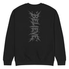 Back of a black crewneck sweatshirt with a subtle tone-on-tone wordmark