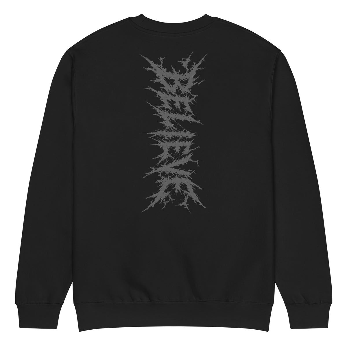 Back of a black crewneck sweatshirt with a subtle tone-on-tone wordmark