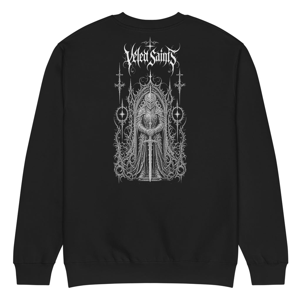 Back of a black crewneck sweatshirt with an illustrated armored knight in a gothic archway