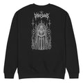 Back of a black crewneck sweatshirt with an illustrated armored knight in a gothic archway