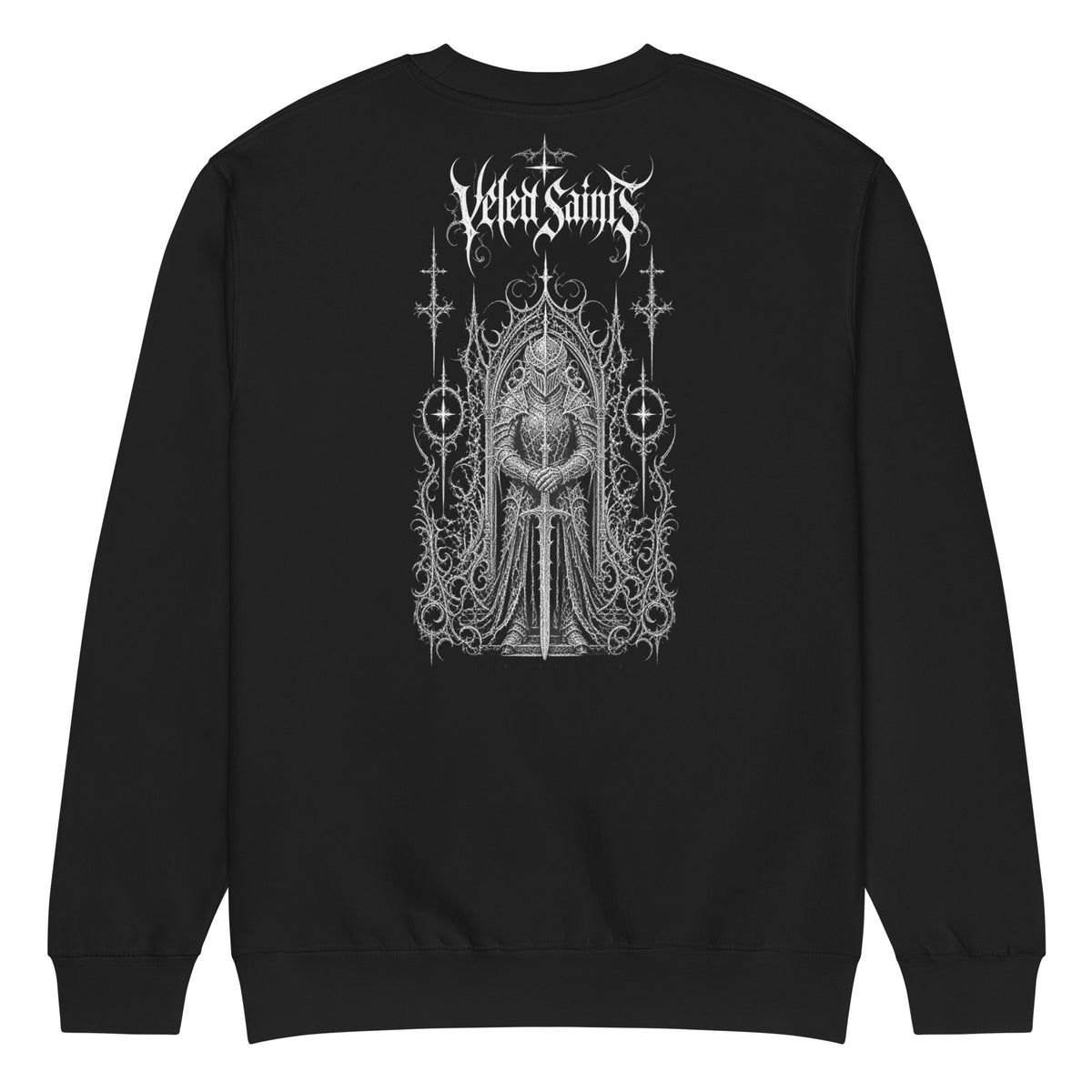Back of a black crewneck sweatshirt with an illustrated armored knight in a gothic archway