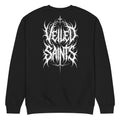 Back of a black crewneck sweatshirt with the Veiled Saints wordmark in thorned gothic script