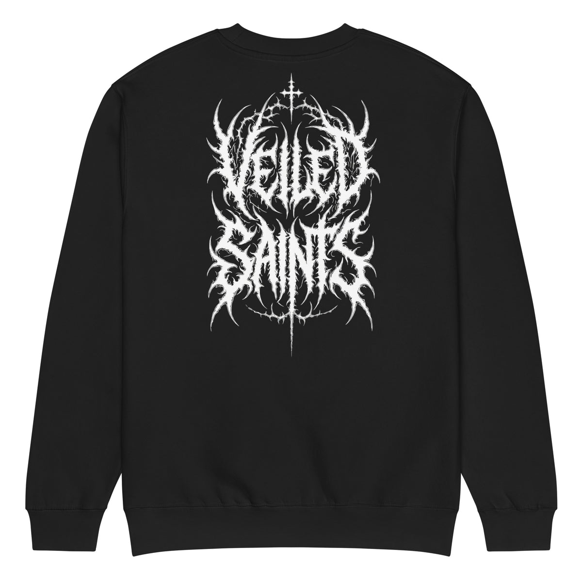 Back of a black crewneck sweatshirt with the Veiled Saints wordmark in thorned gothic script